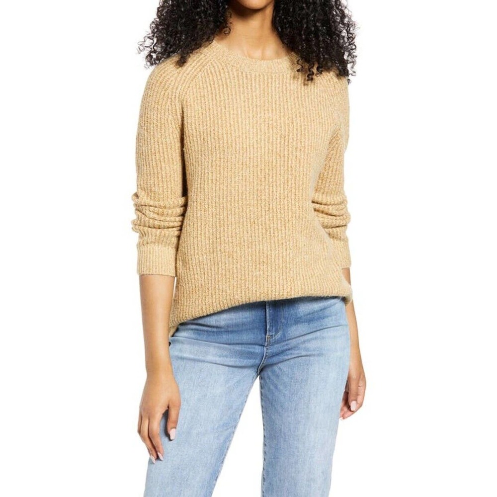 BP Nordstrom Womens NWT Plaited Stitch Crewneck Pullover Sweater Tan Sz S Knit - Picture 1 of 7